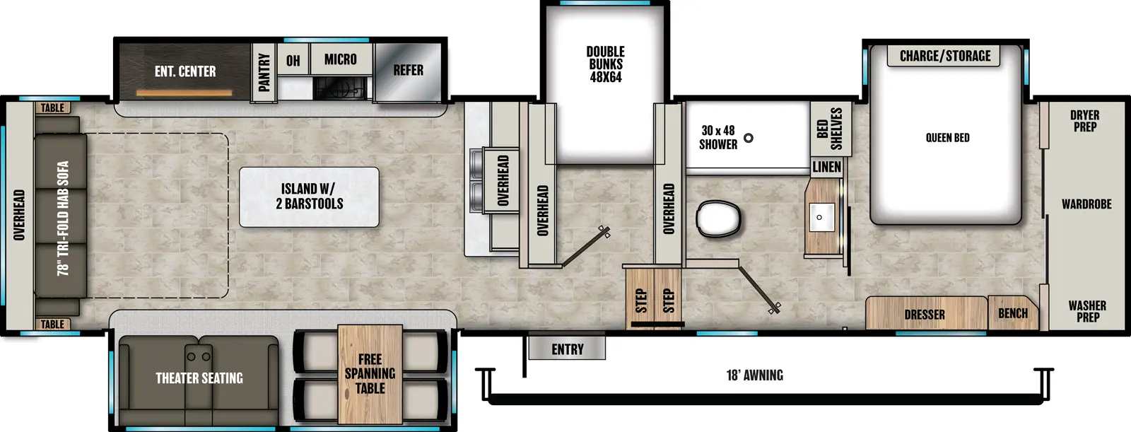 The Chaparral 360IBL floorplan has one entry and four slide outs. Exterior features include: fiberglass exterior and 18' awning. Interiors features include: bunk beds, kitchen island, free-standing dinette option, front bedroom and rear living.